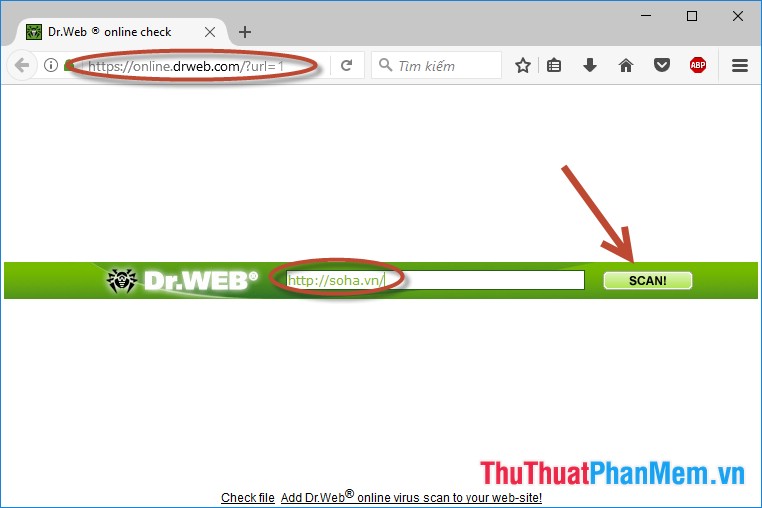 Tìm kiếm vi-rút bằng URL Drweb.com.