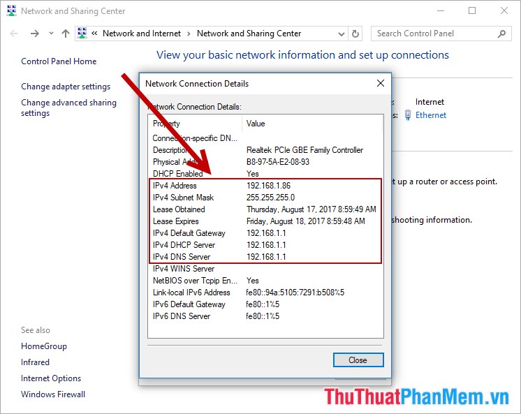Hộp thoại Network Connection Detail