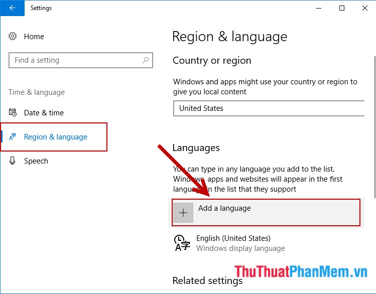 Trong mục Region & Language kích chọn Add a language