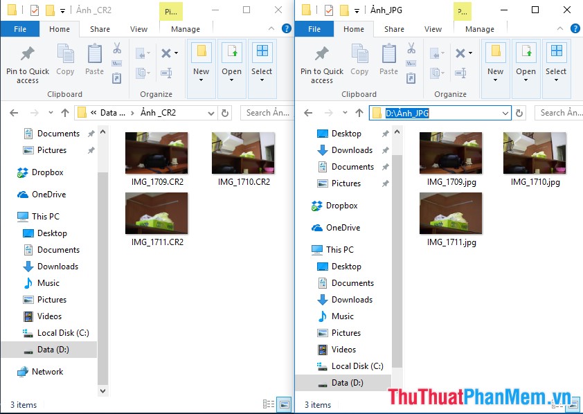 So sánh trực tiếp 2 thư mục chứa file ảnh trước và sau khi chuyển đổi