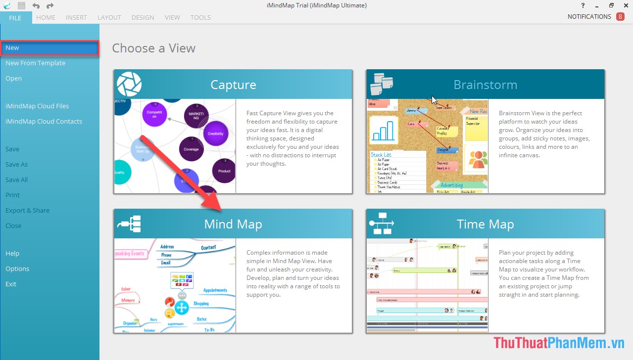 Mở phần mềm iMind Map - kích chọn Mind map