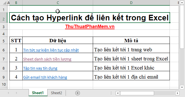 Tạo thành công liên kết Hyperlink trong Excel