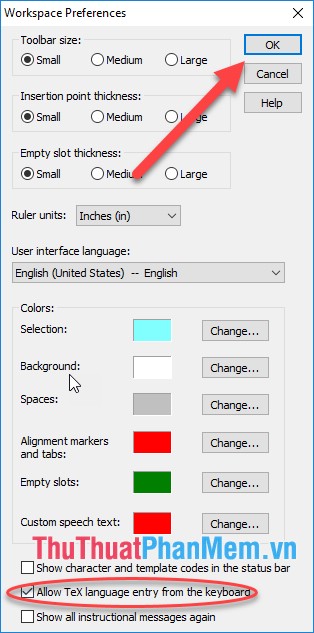 Tích chọn vào Allow TeX language entry from the keyboard