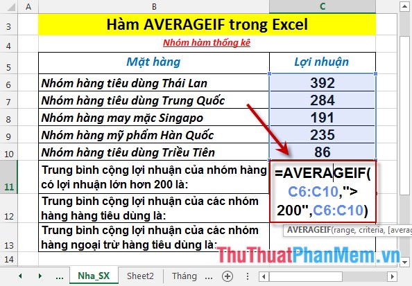 Hàm AVERAGEIF - Hàm trả về giá trị trung bình cộng của các đối số với điều kiện xác định trong Excel