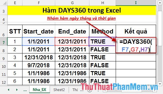 Hàm DAYS360 - Hàm trả về số ngày giữa 2 ngày, dựa trên năm 360 ngày trong Excel