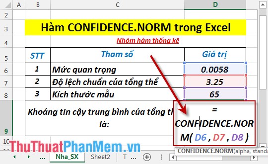 Hàm CONFIDENCE.NORM - Hàm trả về khoảng tin cậy của tổng thể bằng cách cách dùng phân bố chuẩn hóa trong Excel