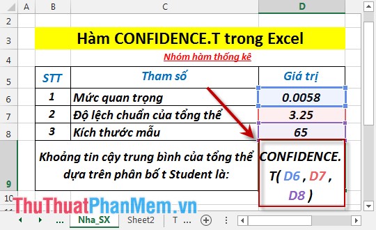Hàm CONFIDENCE.T - Hàm trả về khoảng tin cậy của tổng thể bằng cách dùng phân bố t Student trong Excel