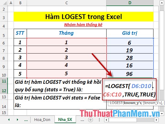 Hàm LOGEST - Hàm trả về mảng dữ liệu mô tả đường cong hàm mũ phù hợp với dữ liệu đã cho trong Excel
