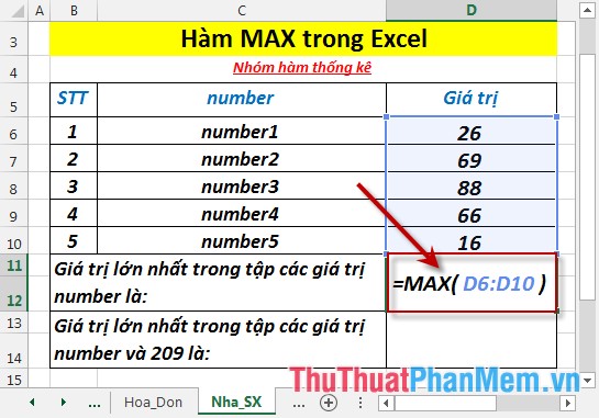 Hàm MAX - Hàm trả về giá trị lớn nhất trong tập các giá trị trong Excel