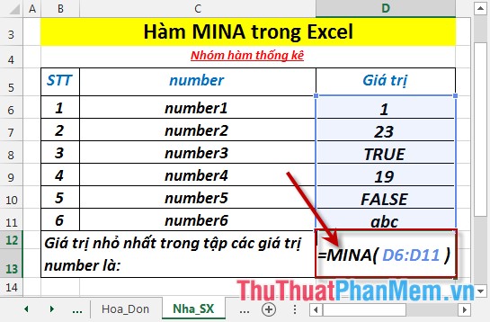 Hàm MINA - Hàm trả về giá trị nhỏ nhất trong các số đã cho bao gồm cả văn bản và giá trị logic trong Excel