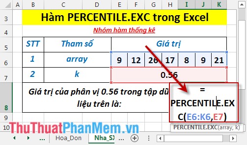Tại ô cần tính nhập công thức =PERCENTILE.EXC(E6:K6,3)