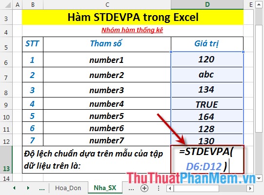 Hàm STDEVPA - Hàm ước tính độ lệch chuẩn dựa trên toàn bộ tổng thể bao gồm cả giá trị văn bản và logic trong Excel