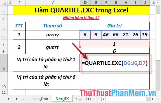 Hàm QUARTILE.EXC - Hàm trả về tứ phân vị của tập dữ liệu không bao gồm giá trị 0 và 1 trong Excel