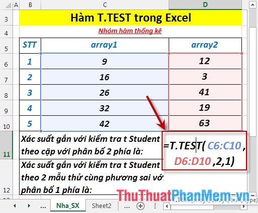 Hàm T.TEST - Hàm trả về xác suất kết hợp với Phép thử t Student trong Excel