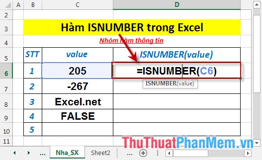 Hàm ISNUMBER - Hàm trả về giá trị True nếu giá trị đó là giá trị số trong Excel