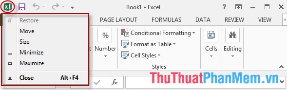 Biểu tượng của Excel chứa lệnh Restore, Move, Size, Minimize, Maximize, Close