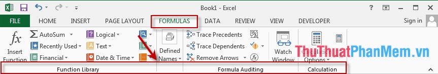 Tab Formulas Chứa các lệnh làm việc với công thức và hàm trong Excel