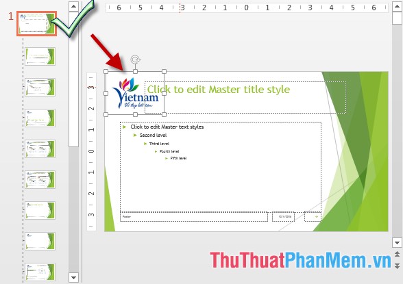 Slide master hiển thị kích chọn Slide đầu tiên, định dạng Slide theo yêu cầu