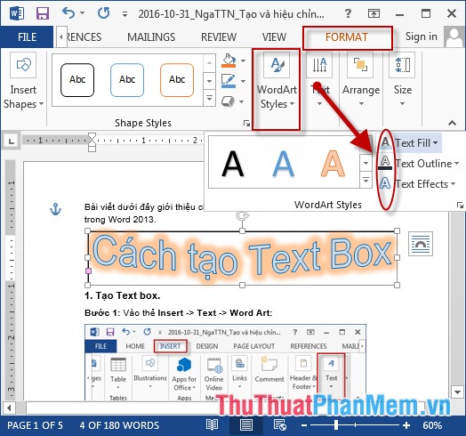 Kích chọn Text Box - Format - Word Art Styles