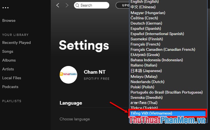 Chọn ngôn ngữ Tiếng Việt (Vietnamese) trong phần Choose Language