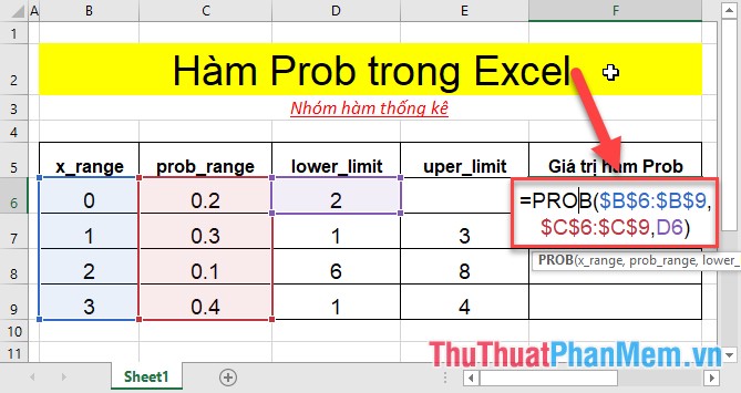 Hàm PROB - Hàm trả về xác suất các giá trị trong một phạm vi nằm giữa 2 giới hạn trong Excel