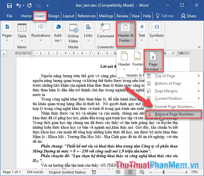 Vào thẻ Insert - Header & Footer - Page Number - Remove Page Numbers