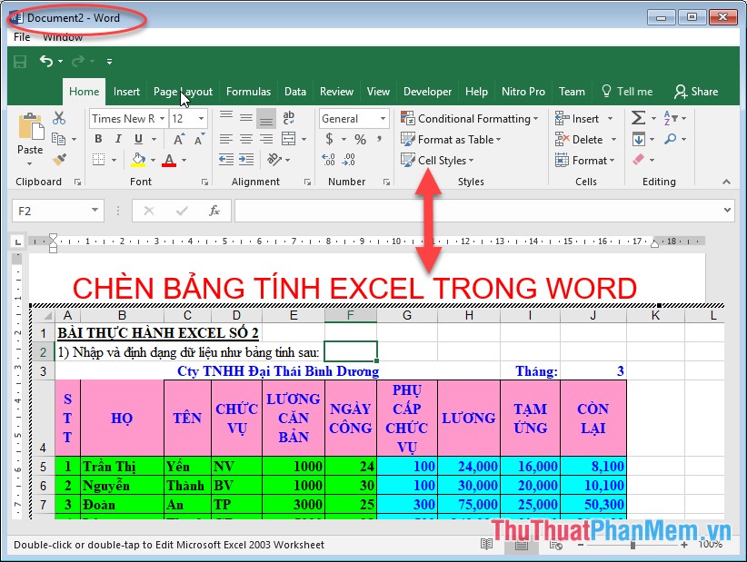 Cách chèn bảng Excel vào Word