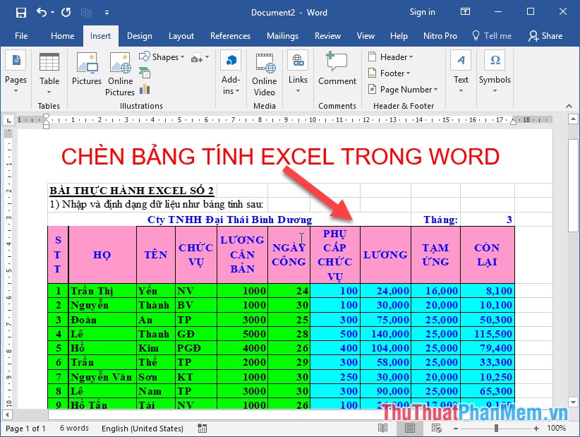 Sau khi kích chọn OK bảng tính Excel được chèn vào Word