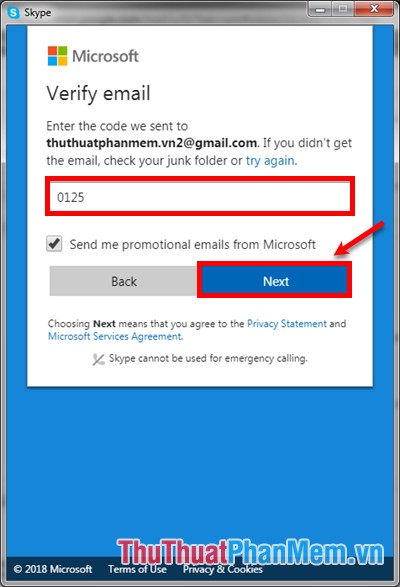 Mở email và lấy mã code mà Skype gửi và nhập vào phần Verify email
