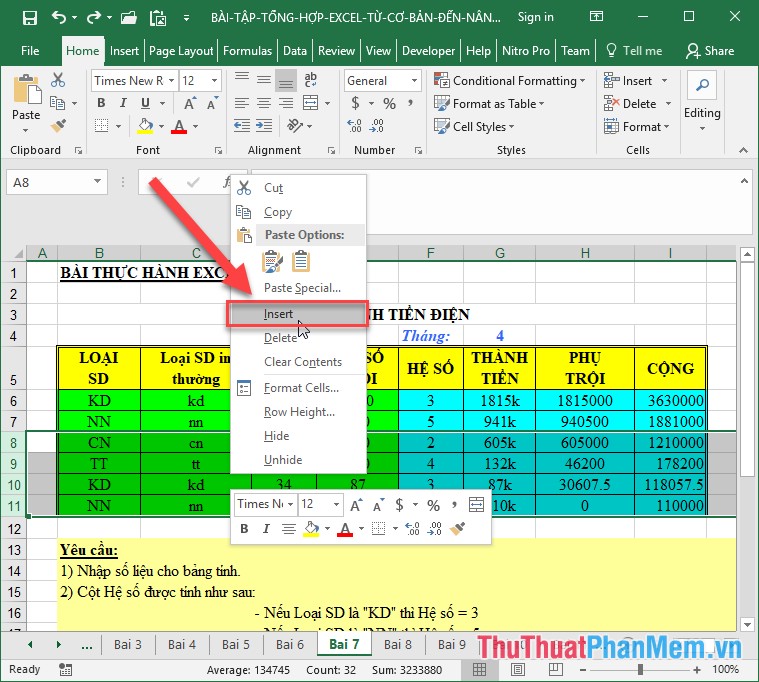 Thêm nhiều dòng 1 lúc trong Excel