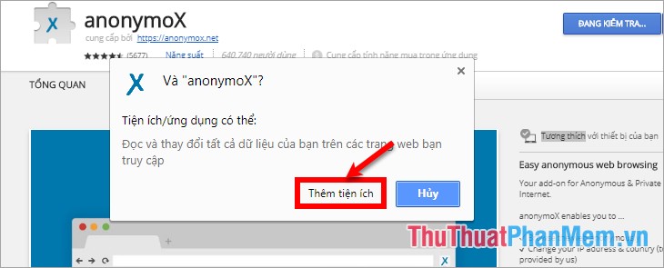 Chọn Thêm tiện ích để thêm tiện ích anonymoX vào Chrome