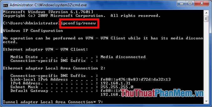 Nhập dòng lệnh ipconfig / Renew và nhấn Enter để lấy địa chỉ IP mới.