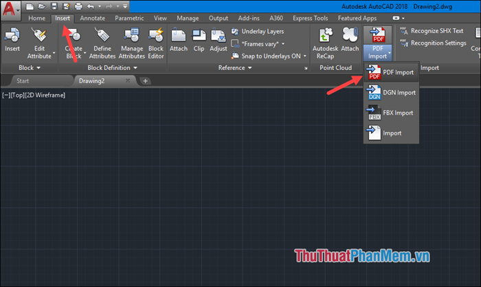 Mở phần mềm AutoCad, chọn tab Insert sau đó chọn PDF Import