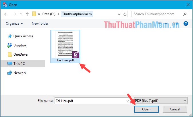 Tìm đến thư mục chứa file PDF cần chuyển đổi và nhấn Open