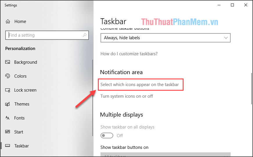Trong cửa sổ settings chọn Select which icons apear on the taskbar