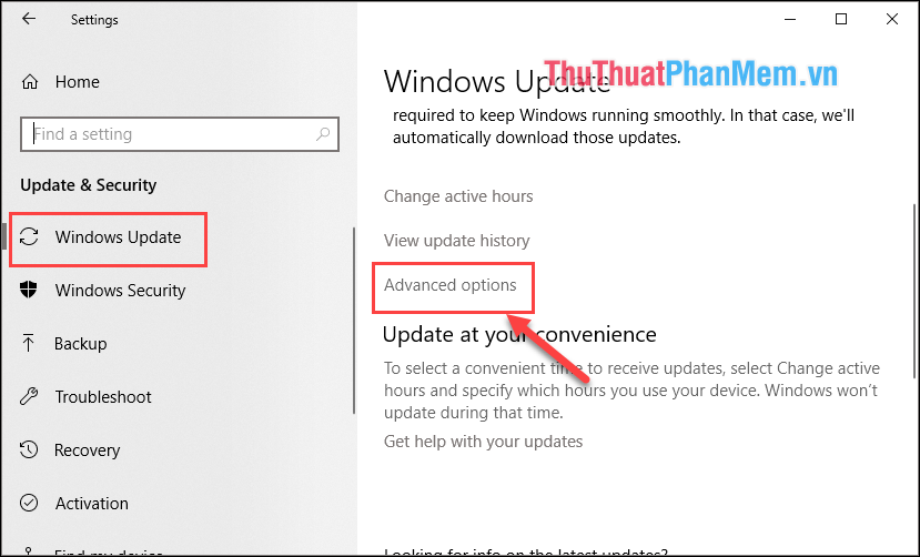 Chọn mục Windows Update sau đó chọn Advanced options
