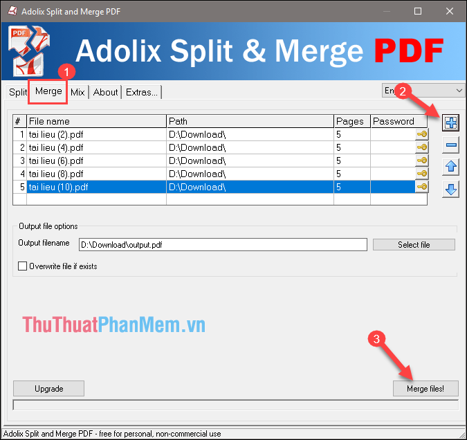 Nhấn vào dấu cộng để chọn các file PDF cần ghép trong máy tính