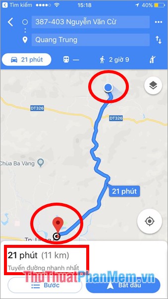 Sau khi chọn xong thì Google Maps sẽ hiển thị đường đi màu xanh