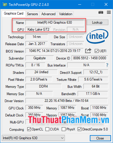 Màn hình là Intel® HD Graphics 630, là một thẻ tích hợp.