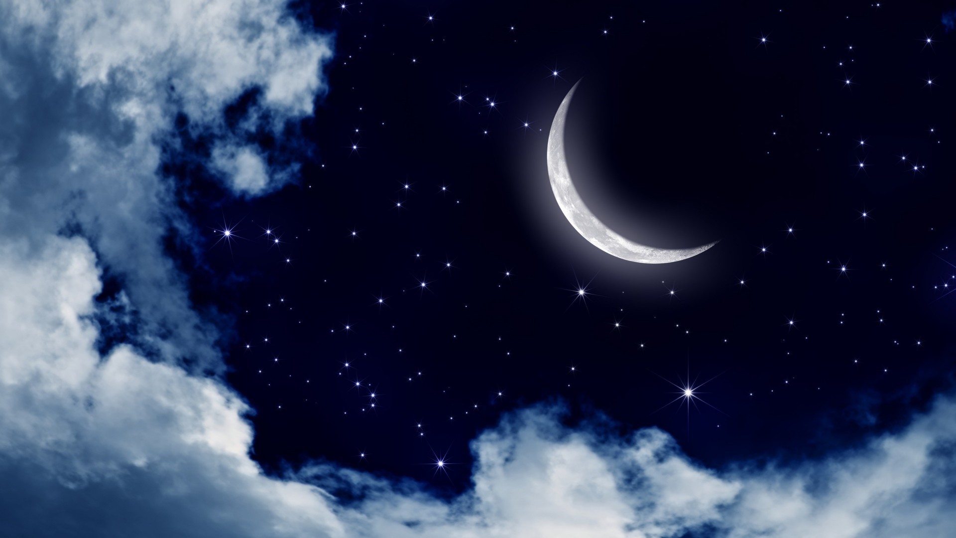 Hình nền Laptop bầu trời đêm có trăng sao và những đám mây đẹp