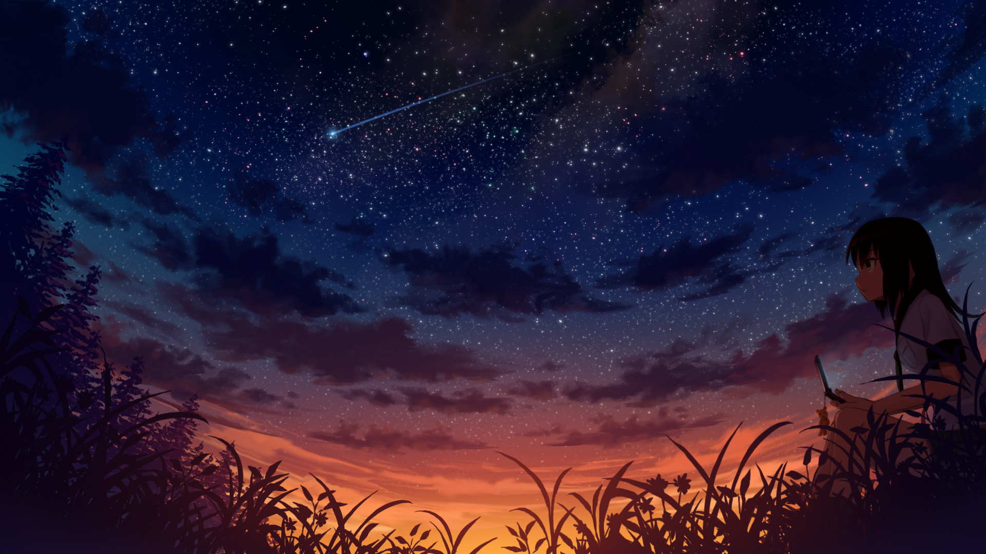 Hình nền Laptop cô gái anime ngắm bầu trời đêm đẹp
