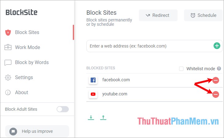 Nhấn chọn biểu tượng dấu – để loại bỏ website trên Block Site