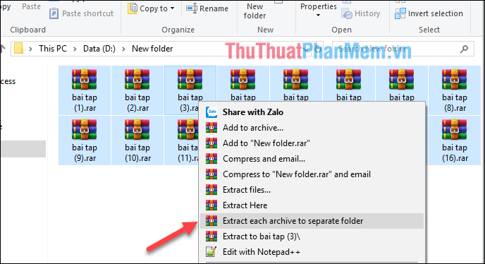 Chọn tất cả các file cần giải nén sau đó chuột phải lên một file bất kỳ và chọn Extract each archive to separate folder