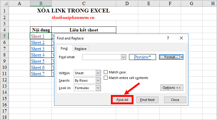 Nhấn chọn Find All để tìm kiếm các Hyperlink trên file Excel