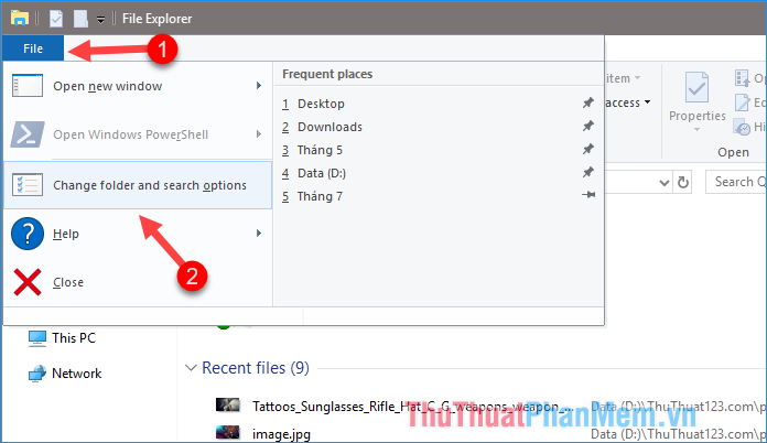 Chọn File - Change folder and search options