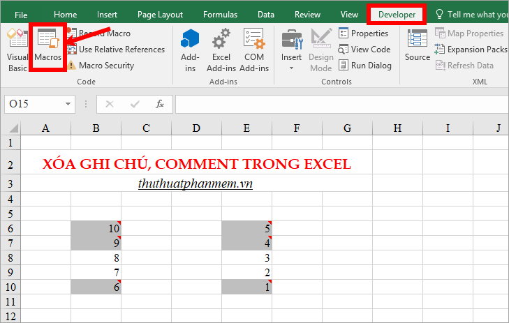 Trên bảng tính Excel chọn Developer - Macros