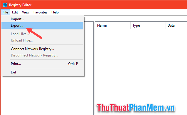 Trong cửa sổ Registry Editor chọn File - Export