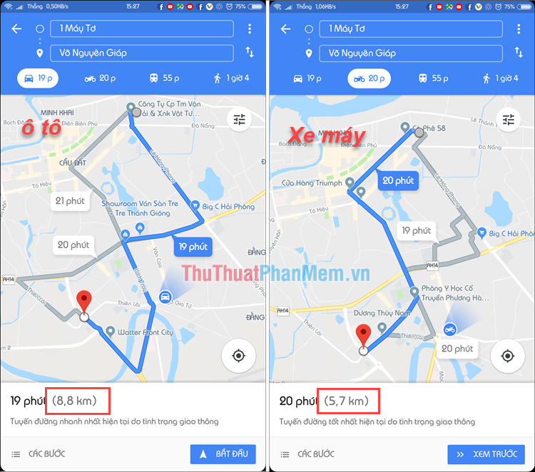 Google Maps gợi ý một số tuyến đường ngắn nhất cho xe đạp