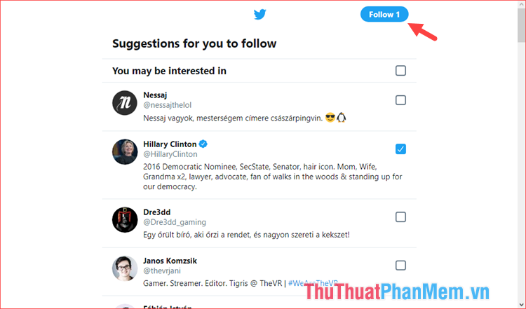 Twitter sẽ gợi ý một số người nổi tiếng để bạn Follow (theo dõi)