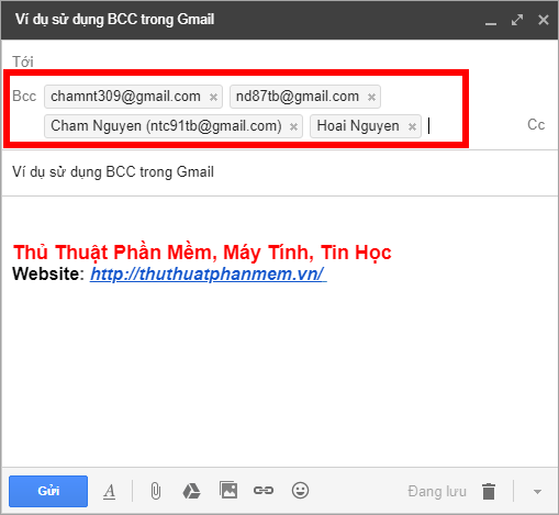 Trong phần người nhận chọn BCC và nhập các liên hệ cần nhận thư để gửi